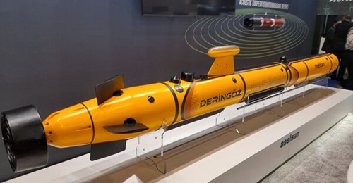 A full-scale model of Aselsan's first Deringöz AUV under development on display at UDT 2024. The company is set to start work on a smaller version this year.