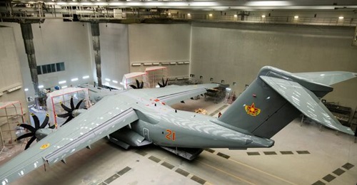 Aircraft MSN139, the first of two A400Ms for Kazakhstan, seen in the paint shop having its bespoke scheme and markings applied ahead of delivery later in 2024.