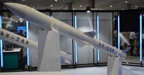 A mock-up of the Sky Sword II - locally known as TC-2 land-based missile - is pictured at TADTE 2023. The missile structure consists of the active radar seeker, followed by the electronics section, proximity fuze, warhead, and rocket motor, ending in t...