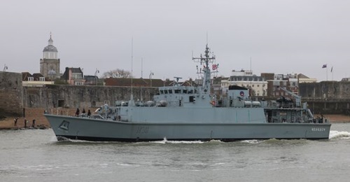 one of the Ukrainian Navy's two newly acquired ex-Royal Navy Sandown-class MCMVs, is pictured entering Portsmouth Harbour on 11 April ahead of a series of multinational naval exercises.