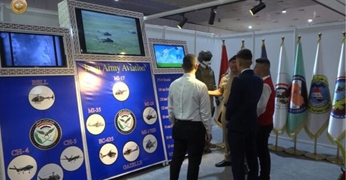 A still from a video released on 21 April shows the Iraqi Army Aviation Command stand at IQDEX in Baghdad.