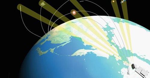 An artist's concept of how Lockheed Martin's LRDR would detect ballistic missile launches from Asia. The radar completed preliminary design review in March and will go through critical design review in September 2027.