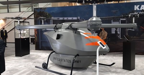 A full-scale model of Kaman Air Vehicles' Kargo heavy-lift autonomous quadcopter UAV on display on 13 October 2021 at the AUSA annual convention in Washington, DC. The company unveiled the aircraft at the event.