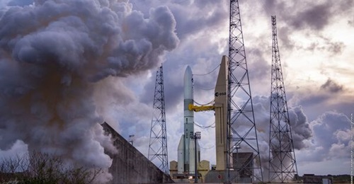 The Ariane 6 launcher will launch the first batch of G2G satellites in 2026 and 2027. Pictured is a successful long-duration hot-fire test of the rocket on its launch pad at Europe's Spaceport in French Guiana in September 2023. The rocket is in its fi...