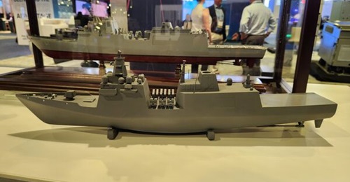 A model of the Gibbs & Cox International-class light frigate displayed at the Navy League Sea-Air-Space exposition in April 2024.