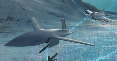 An artist's impression of the ECW 'loyal wingman' concept for the Luftwaffe being remotely controlled by a Eurofighter EK electronic combat aircraft.