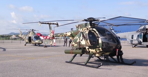The Malaysian Army Aviation is currently equipped with two helicopter types: the Agusta A109LOH (background) and the MD Helicopter MD530G (in foreground). The army lacks a medium rotary-wing utility and transport capability.