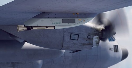 A computer-generated imagery (CGI) shows Rafael's new X-Guard RT fitted to the wing of a C-130 transport with its towed decoy retracted.