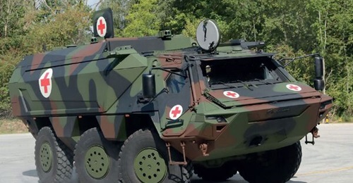 Rheinmetall has developed a high-roof version of the Fuchs wheeled armoured transport vehicle for roles such as armoured ambulances (pictured) and tactical operations centres.