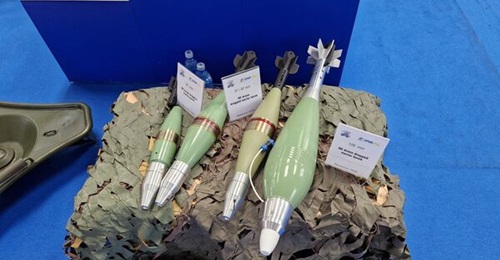 The complete family of Carfil's drone-dropped munitions (from left to right: 60 mm, 81 mm, 82 mm, and 120 mm), showing the polymer stabilising fins that have been used to reduce weight.