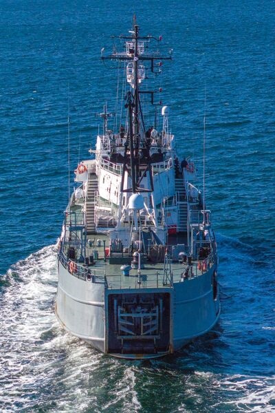 Opening in stern for large towed array on Russian Navy Project 1454 Mod Sorum-class research/intelligence-gathering ship 
        
         GS 31, seen here on a rare voyage to the Baltic on 13 May 2024.
