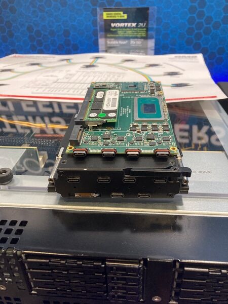 The X9 Spider 3U VPX System connected to a SOSA-compliant single-board VPX with a common pinout. General Micro Systems is looking to meet interoperability requirements by leveraging Thunderbolt connections.