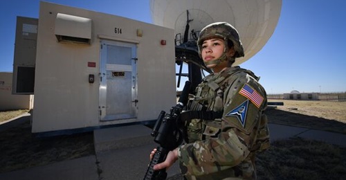 A member of the 4th Space Operations Squadron secures a wideband Military Satellite Communications System site at Schriever Space Force Base in Colorado.