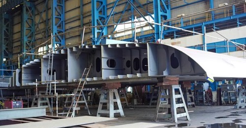 A segment of the first 'Red White' frigate, seen here during a visit by 
        
         to PT PAL on 30 May 2024. The shipbuilder held a steel-cutting ceremony for the second ship on 5 June.