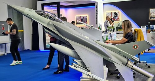 Model of the F-16 Block 70 in Bulgarian Air Force colours displayed at HEMUS 2024.
