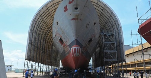 A Maharaja Lela-class littoral combat ship for the Royal Malaysian Navy undergoes construction at Lumut Naval Shipyard (formerly Boustead Naval Shipyard) in Lumut, Malaysia, in August 2022. The first vessel in the class was launched in early June.