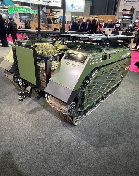 The THeMIS Cargo casevac UGV at Eurosatory 2024, featuring a Starlink terminal at the rear of the vehicle.