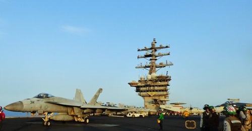 The US Navy is relying more on aircraft carrier USS 
        
         air wing to counter unmanned Houthi threats in the Red Sea.
