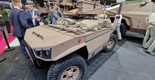 The Drailer UGV showing its flat top deck designed to accommodate a range of payloads, including the Hornet ROWS shown here.