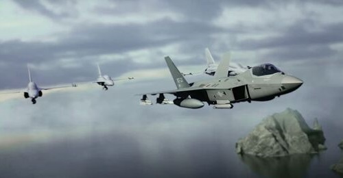 A screenshot from a KAI concept video released during ADEX 2021 that shows a manned KF-21 future fighter operating in concert with a swarm of unmanned FA-50 loyal wingmen.