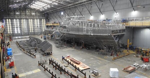 The ninth and tenth Evolved Cape-class (or 11th and 12th Cape/Evolved Cape-class) patrol vessels on order for the Royal Australian Navy, seen here under construction at Austal.