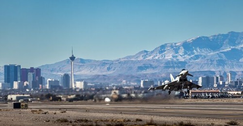 An RAF Typhoon seen departing Nellis AFB for the first round of Exercise 'Red Flag' earlier in 2024. The second round saw the force conduct ACE training out of March ARB in California.
