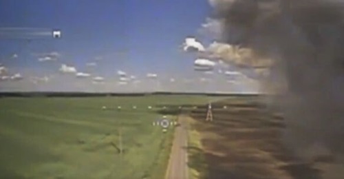 Screenshot from the camera of a Ukrainian FPV UAV during an attack on a Russian convoy in Russia's Kursk region on 2 June 2024.