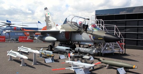 The M-346FA being displayed at the Farnborough International Airshow 2024, alongside its weapons package. Both the trainer and light combat versions of the aircraft are to receive the new Block 20 upgrade.
