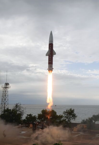 India's DRDO has described its Phase II BMD interceptor - seen here on its launch on 24 July - as a two-stage solid-propelled endoatmospheric missile system intended to neutralise ballistic missiles that operate in endo to low exoatmospheric altitudes.