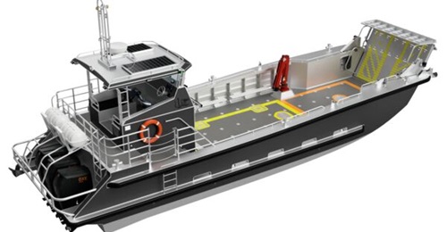 A computer-generated visualisation of the light landing craft that has been selected for use on the Pacific support vessel ADV 
        
        .