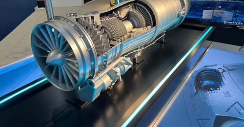 Concept model of Hanwha Aerospace's as-yet unnamed fighter jet engine, seen at the Farnborough International Airshow 2024.