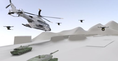 As one of the three primes for the Concept Study 5 awards, Airbus released imagery showing a rotorcraft operating alongside a swarm of unmanned aircraft to conceptualise the future operating environment.