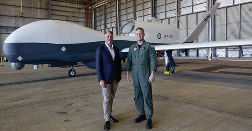 Australian Deputy Prime Minister Richard Marles (left) and Chief of Air Force Air Marshal Stephen Chappell introduced the Northrop Grumman MQ-4C Triton aircraft into the RAAF fleet on 31 July 2024 at RAAF Base Tindal in the Northern Territory.