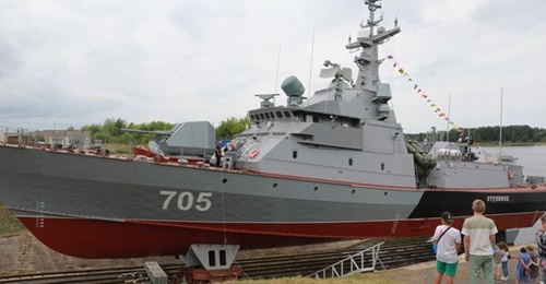 The first Stupinets-class missile corvette is launched at Vympel Shipyard in Rybinsk, Russia.