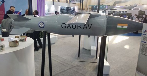 A model of the Gaurav bomb, also known as the long-range glide bomb, was displayed at the Adani Defence and Aerospace stand during the Aero India 2023 show.