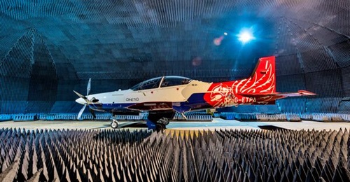 A QinetiQ Pilatus PC-21 aircraft inside an anechoic chamber at MoD Boscombe Down on 5 March 2019.