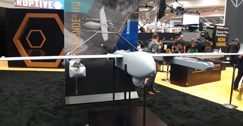 A scaled-up version of Textron Systems' Aerosonde HQ UAV on display at the 2021 Association of the United States Army's annual trade show in Washington, DC. Textron Systems is offering this scaled-up Aerosonde HQ for FTUAS Increment 2.