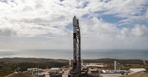 A SpaceX Falcon 9 loaded with a Tranche 0 payload variant for the Space Development Agency's  Proliferated Warfighter Space Architecture (PWSA) sits on the launch pad at Vandenberg Space Force Base in California.
