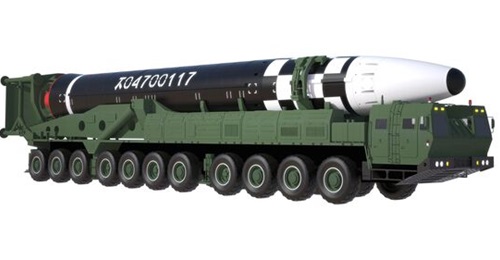 This render shows the 11-axle TEL carrying the Hwaseong-16 ICBM. North Korea has now displayed a new 12-axle TEL possibly for its new Hwaseong-18 ICBM.