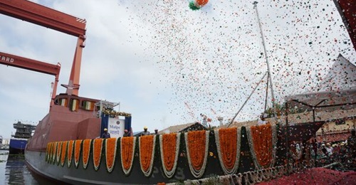 The future INS 
        
         seen here at its launch ceremony on 9 September 2024. It was launched at Cochin Shipyard Limited together with its sister ship, 
        
        .