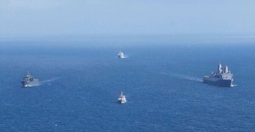 An aerial view of the naval vessels that were involved in Exercise 'Super Garuda Shield' 2024.