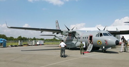 An Indonesian maritime patrol aircraft variant of the CN235 at the Singapore Airshow in 2016.
