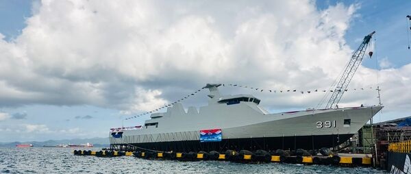 The first of two 90 m OPVs being built by PT DRU, seen here at its launch ceremony on 18 September 2024. Fitting out is expected to take place over the next few weeks.
