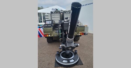 Babcock and ST Engineering's 120 mm Ground Deployed Advanced Mortar System mounted on a Supacat HMT 600 patrol vehicle displayed at the Defence Vehicle Demonstration 2024 exhibition in Millbrook on 18 and 19 September.