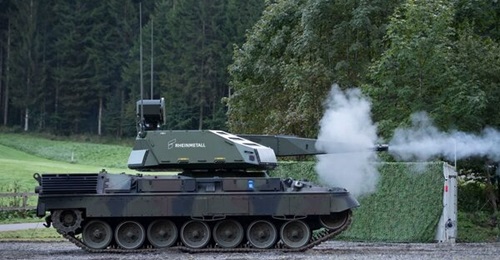 A Leopard 1 with a Skyranger 35 turret at a live-fire demonstration at Rheinmetall's Ochsenboden range in Switzerland on 19 September.
