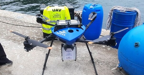 The Sabca unmanned aerial vehicle with drifting mine-detection payload, pictured at Sesimbra, Portugal, on 24 September 2024.