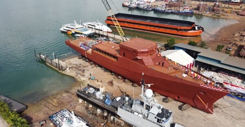 The hydrographic ship built by PT Palindo for the Indonesian Navy, seen here at its launch.