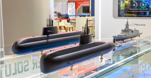 Models for Hanwha Ocean's 2,800 tonne KSS-III PN and Ocean1400 PN submarines, which have been proposed for the Philippine Navy's requirements.