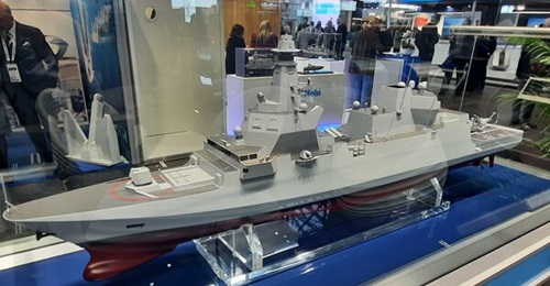 A model of the future FREMM EVO frigate on display at Fincantieri's stand at Euronaval 2024.