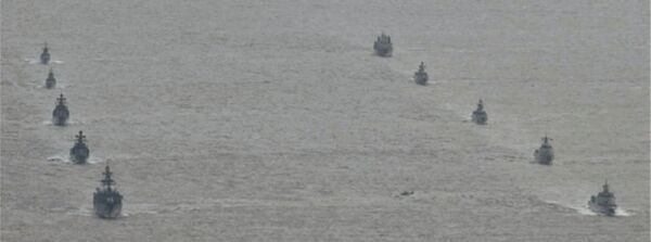 An image captured by the JMSDF showing the Russian and Chinese warships that took part in the first Sino-Russian naval patrols in the Western Pacific, which concluded on 23 October.